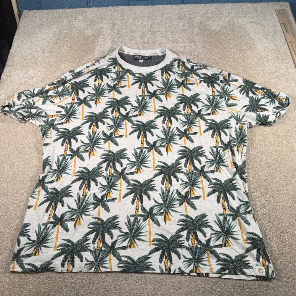 Free Planet T-Shirt Mens 4X Gray Palm Tree Print Organic Cotton Short Sleeve